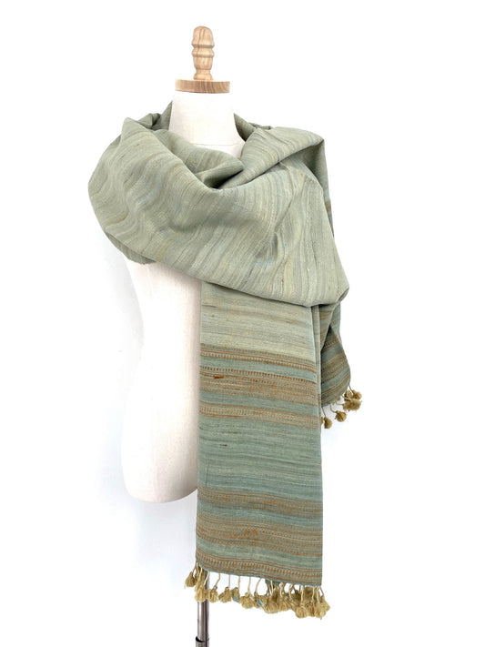 The Soft Green Wool Scarf with Golden Tassels