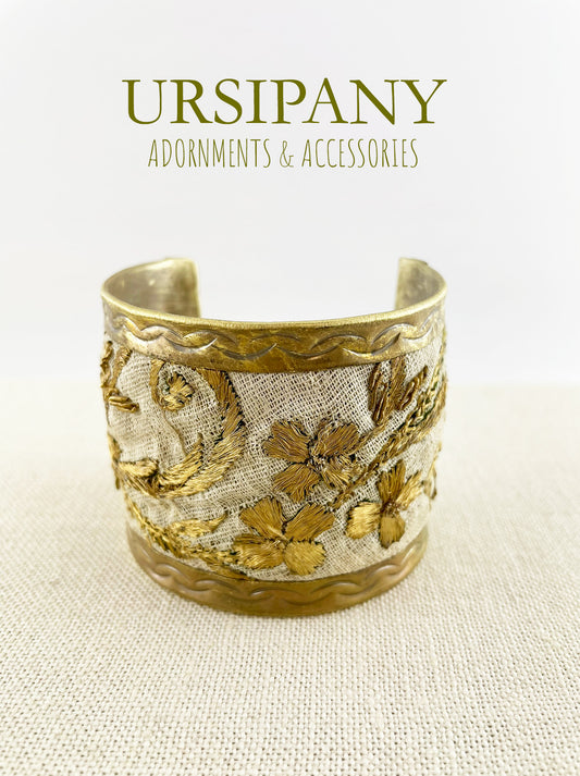 The Brass Cuff Bracelet on off-white Antique Embroidered cotton muslin