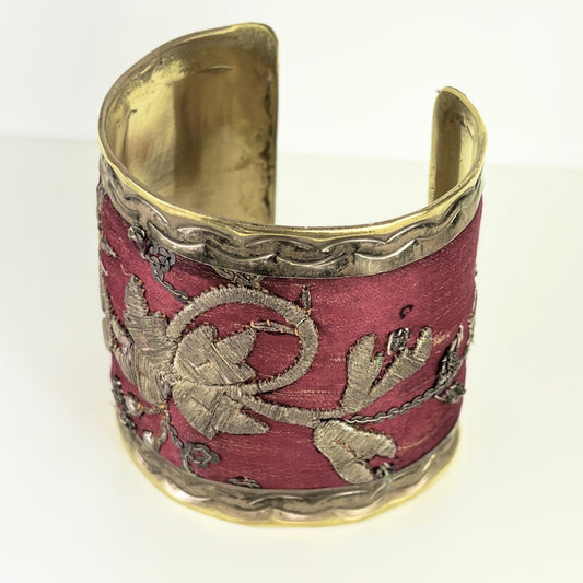 The Deep Red Brass Cuff Bracelet with Antique Silver Embroideries