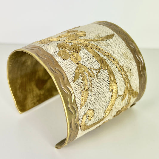 The Brass Cuff Bracelet on off-white Antique Embroidered cotton muslin