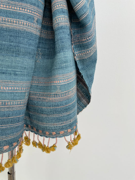 The Wool Denim Blue Scarf with golden tassels