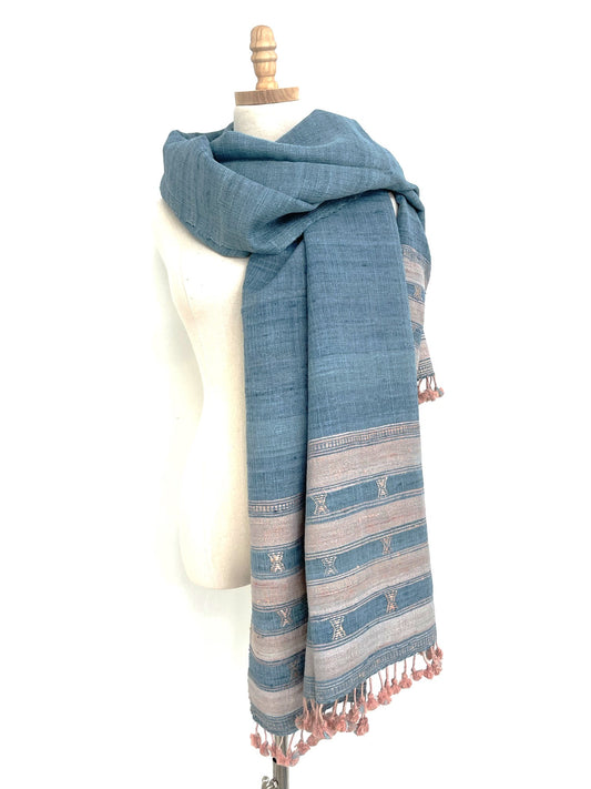 The Wool Denim Blue Scarf with Pink Tassels