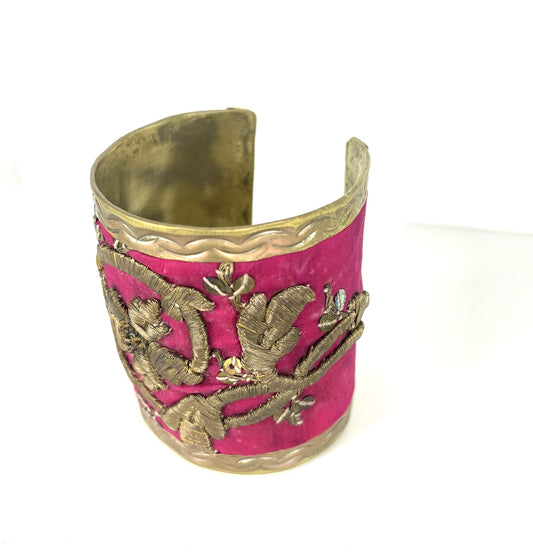 The Hot Pink Brass Cuff Bracelet with Antique Gold Embroideries
