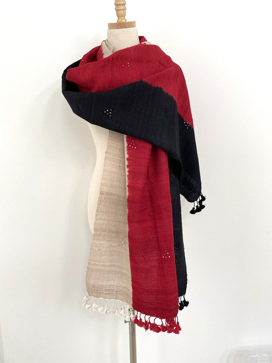 The Red, Black and Ecru Scarf with Tassels