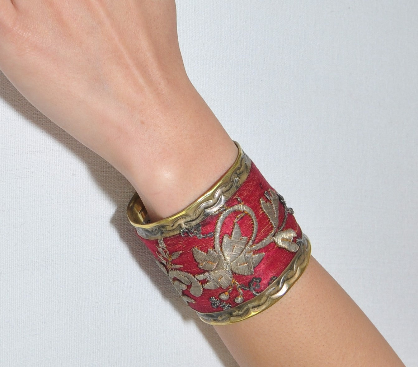 The Deep Red Brass Cuff Bracelet with Antique Silver Embroideries