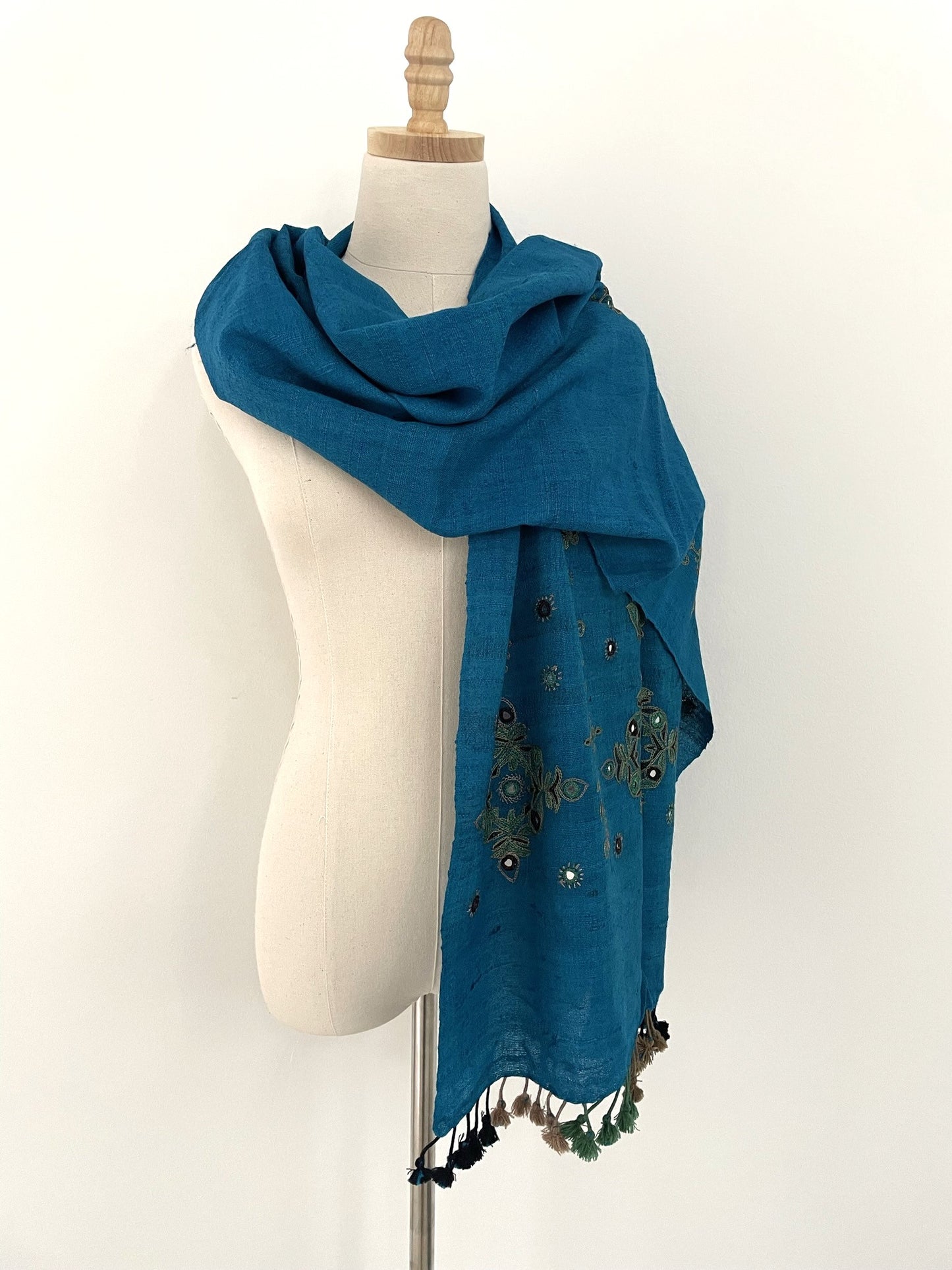 The Fine Embroidered Wool Scarf in Deep Turquoise with Tassels