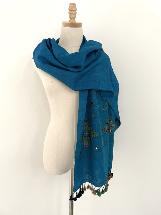 The Fine Embroidered Wool Scarf in Deep Turquoise with Tassels