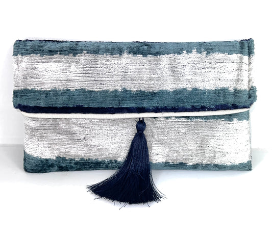 The Blue and Grey Velvet Tasseled Bag