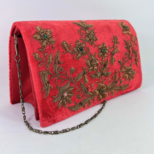 The Lavishly Embroidered Velvet Handbag in Warm Red