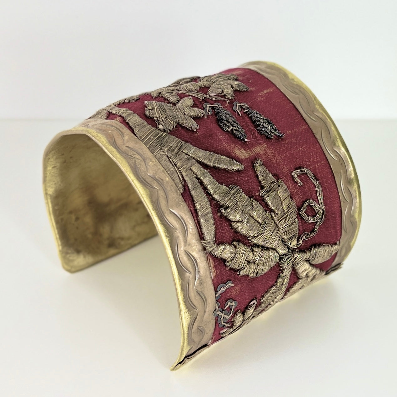 The Deep Red Brass Cuff Bracelet with Antique Silver Embroideries