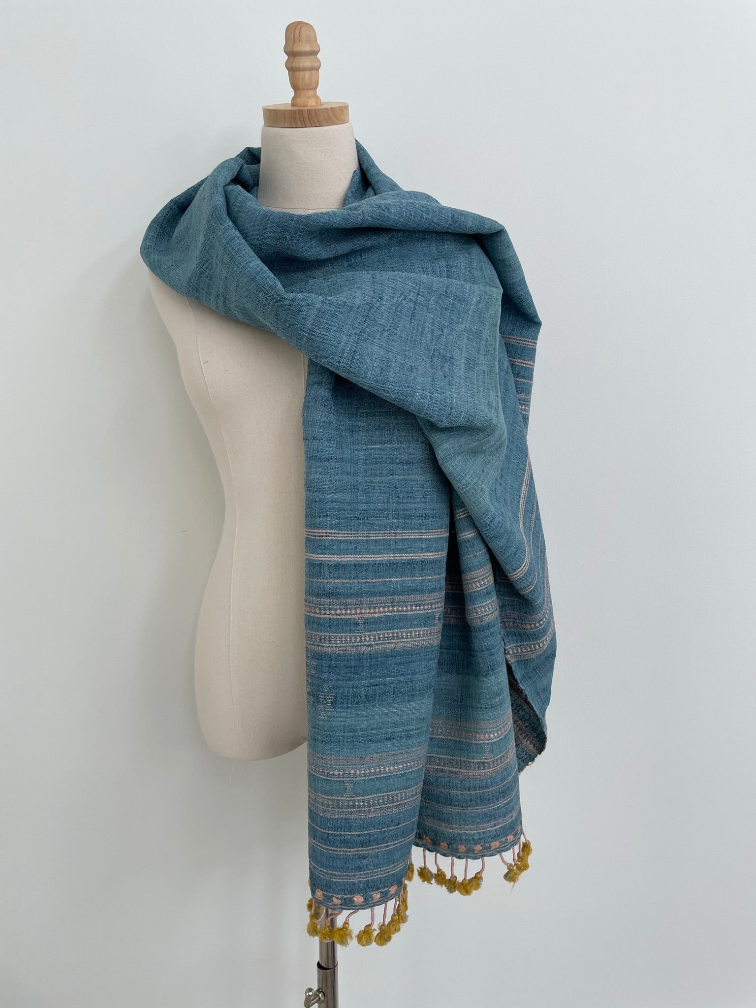 The Wool Denim Blue Scarf with golden tassels – Ursipany