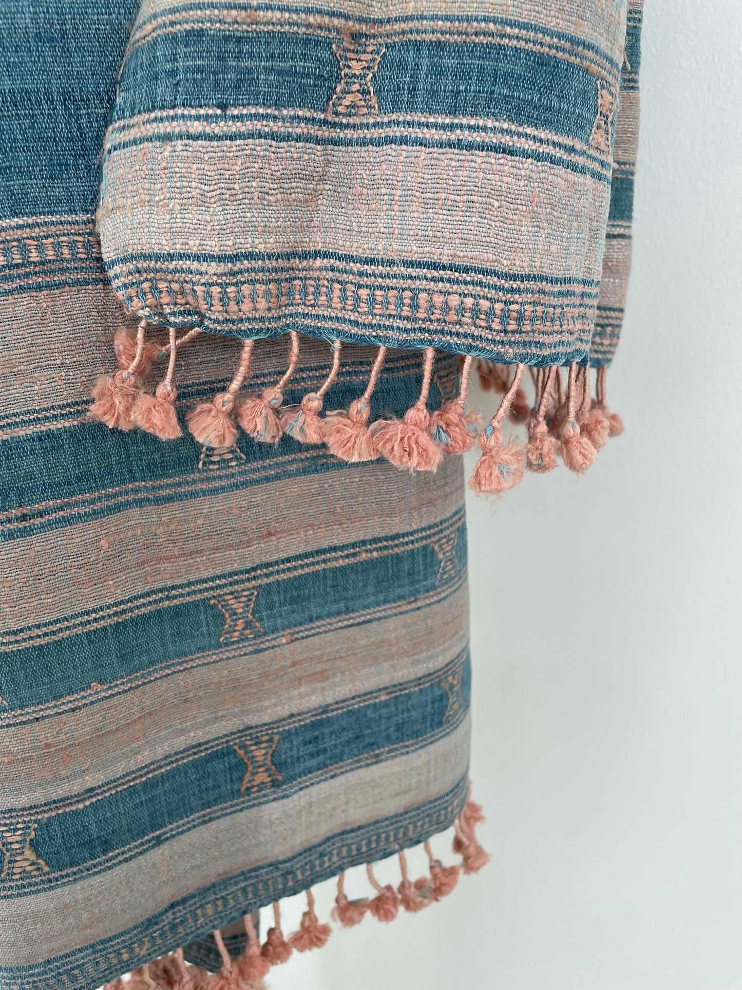 The Wool Denim Blue Scarf with Pink Tassels