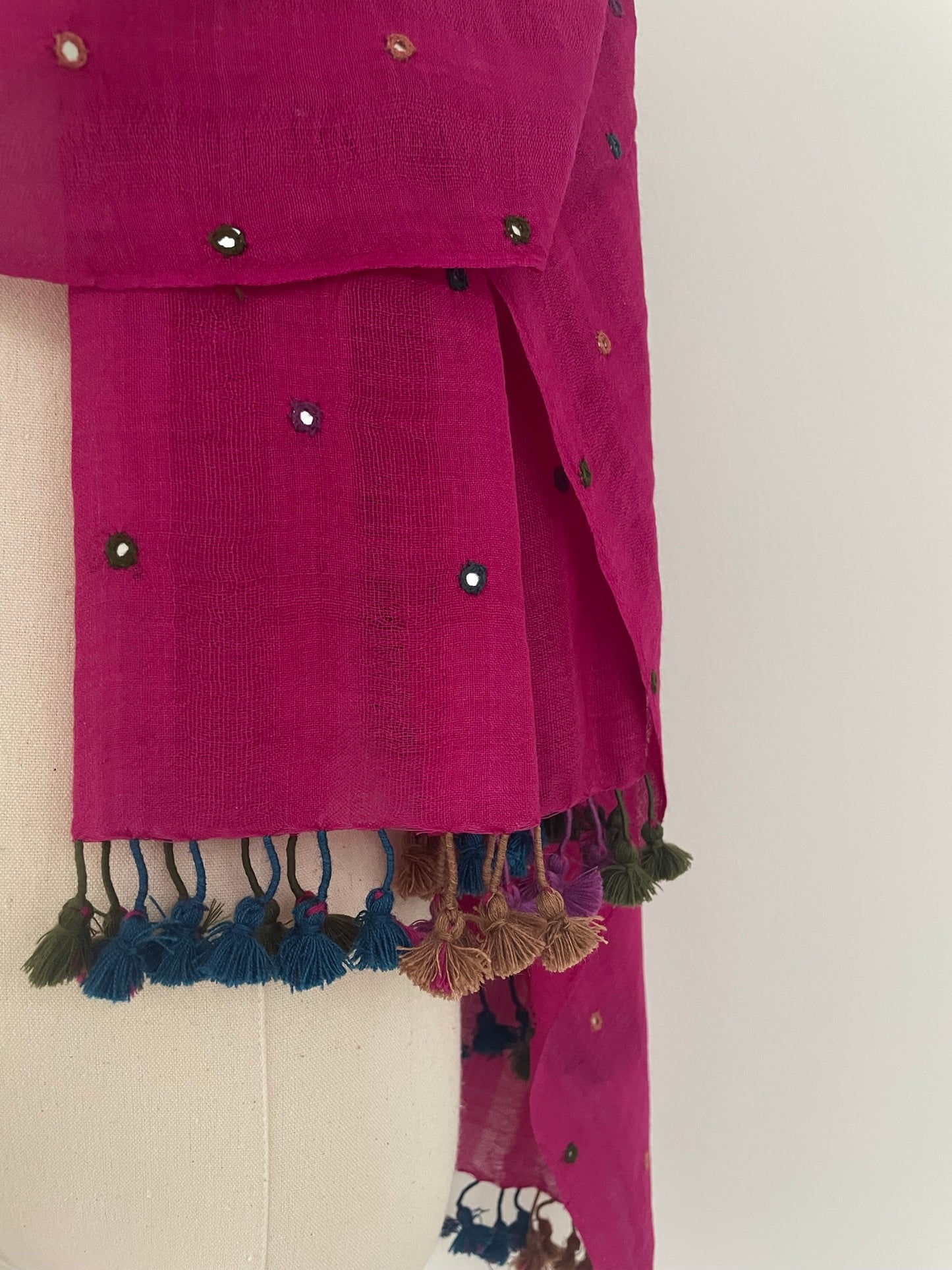 The Fine Wool Mirrored Scarf in Fushia with Tassels