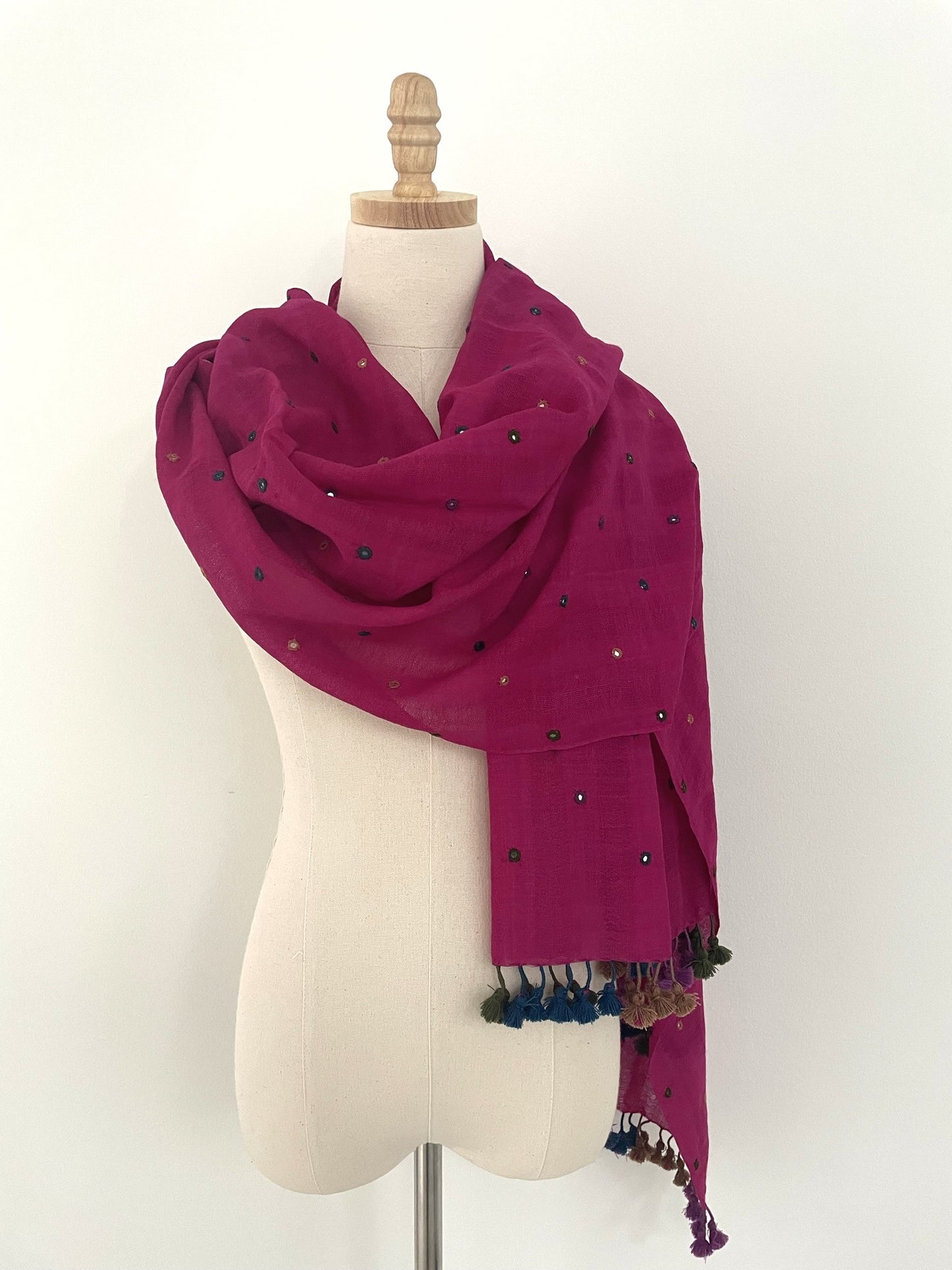 The Fine Wool Mirrored Scarf in Fushia with Tassels