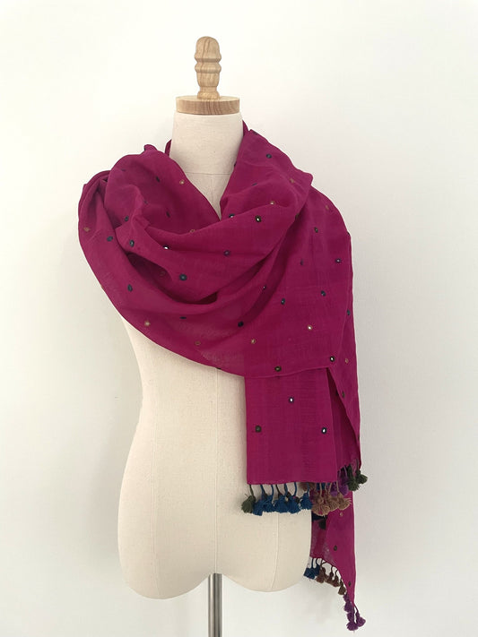 The Fine Wool Mirrored Scarf in Fushia with Tassels