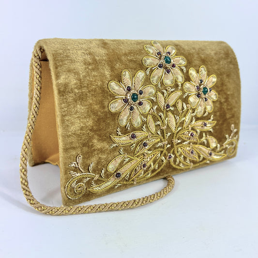 The Lavishly Embroidered Velvet Handbag in Gold