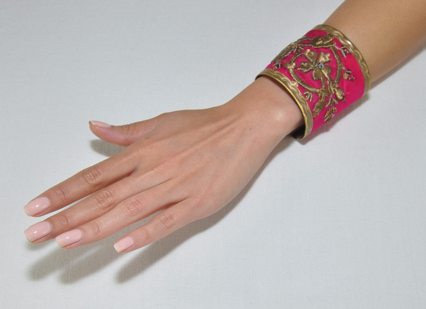 The Hot Pink Brass Cuff Bracelet with Antique Gold Embroideries