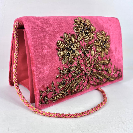 The Lavishly Embroidered Velvet Handbag in Pink