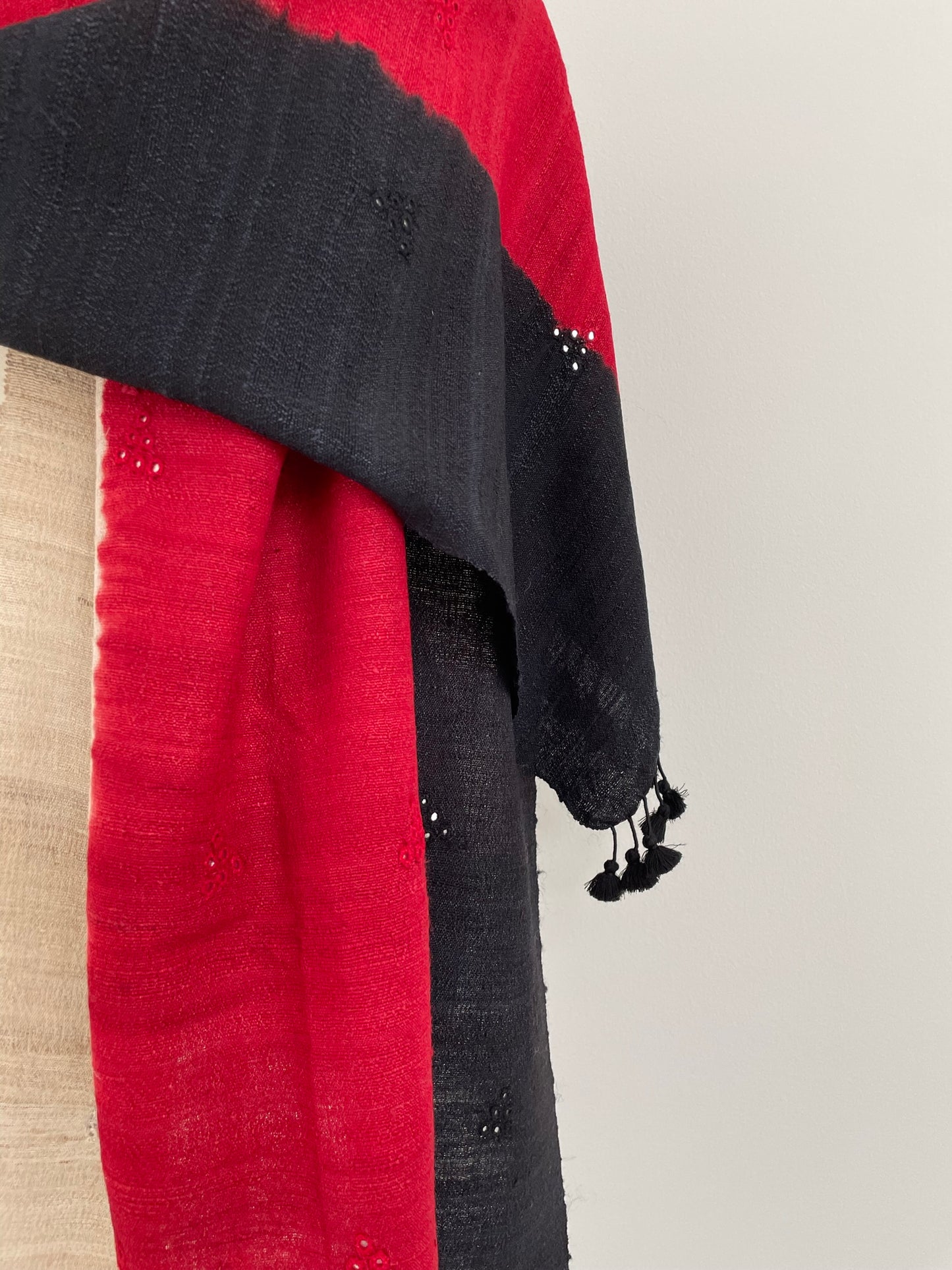 The Red, Black and Ecru Scarf with Tassels