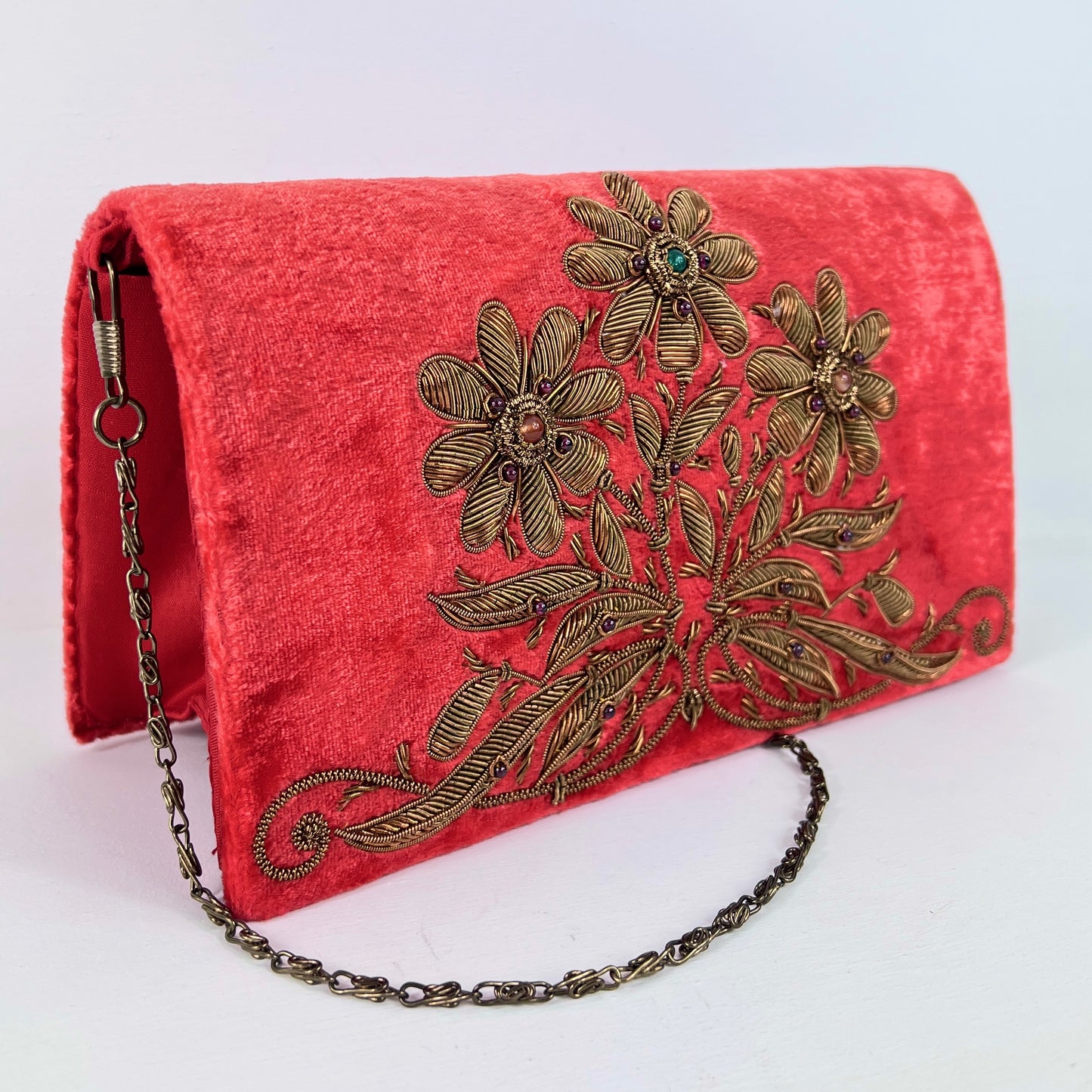 The Lavishly Embroidered Velvet Handbag in Red