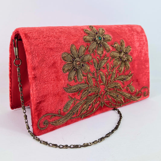 The Lavishly Embroidered Velvet Handbag in Red