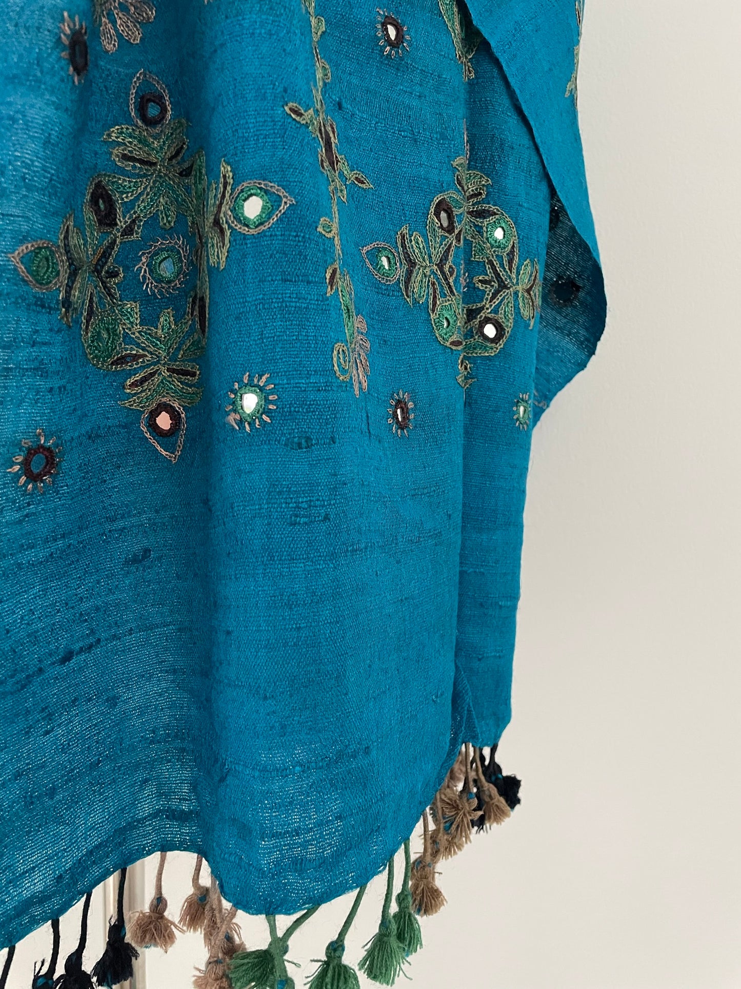 The Fine Embroidered Wool Scarf in Deep Turquoise with Tassels